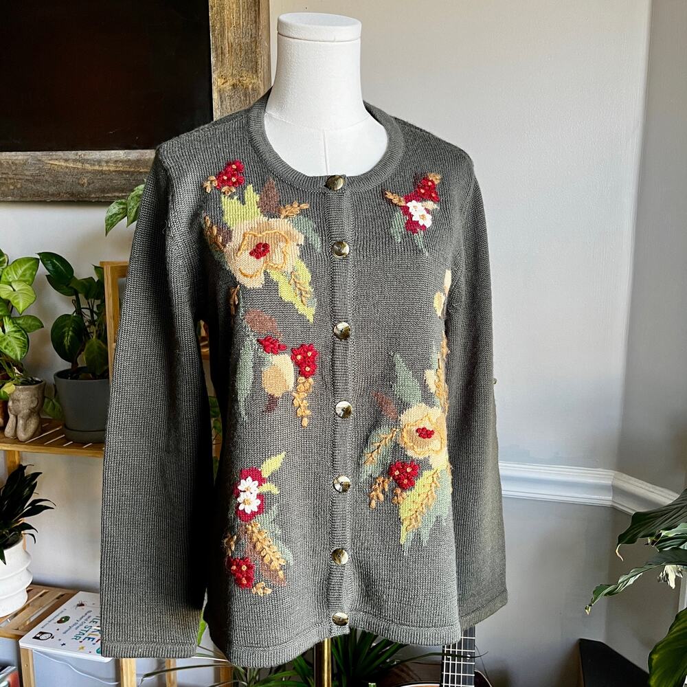 Vintage Y2K Cardigan Olive Green Floral Cottagecore Wool Blend Size Medium
